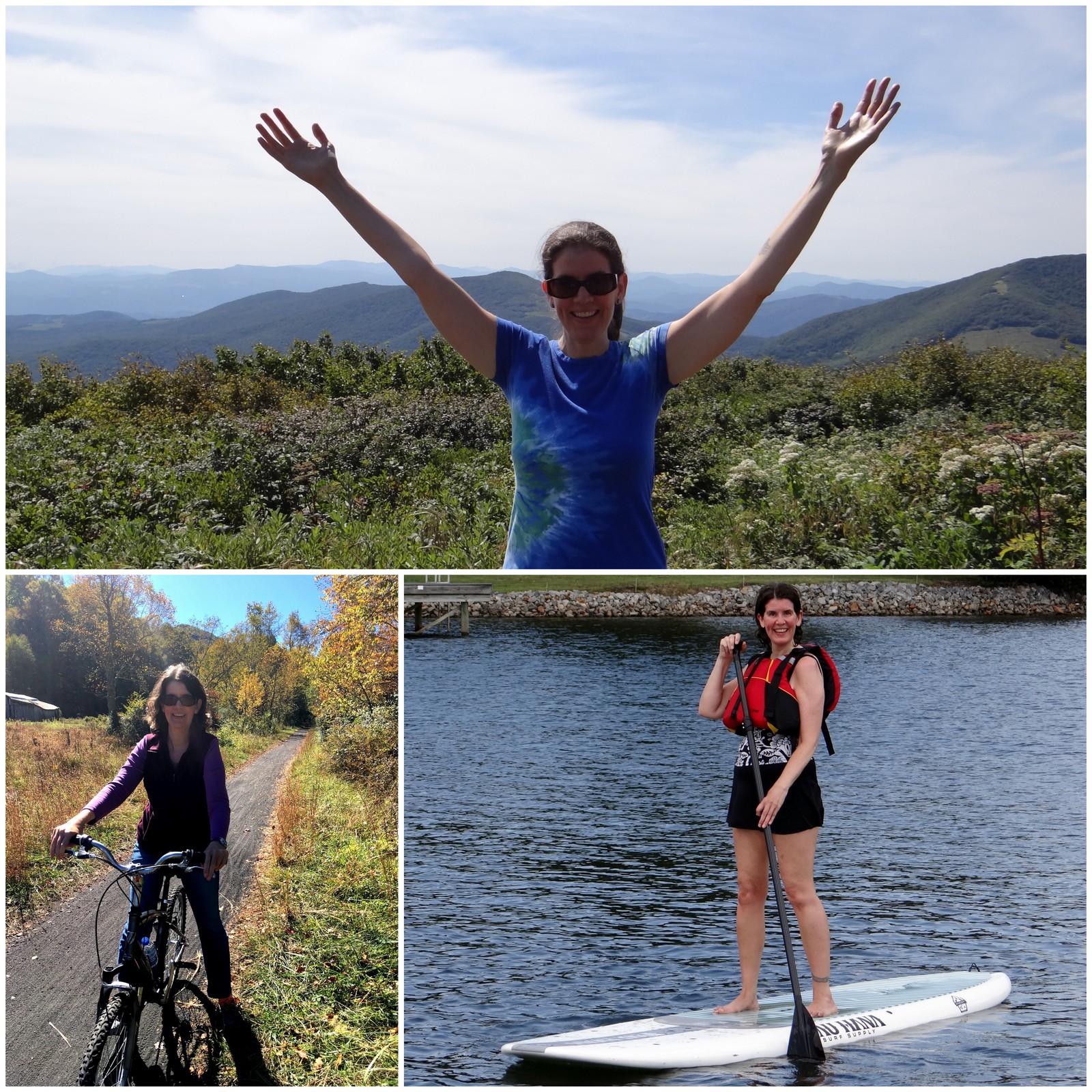 Eileen hiking, biking, and paddleboarding