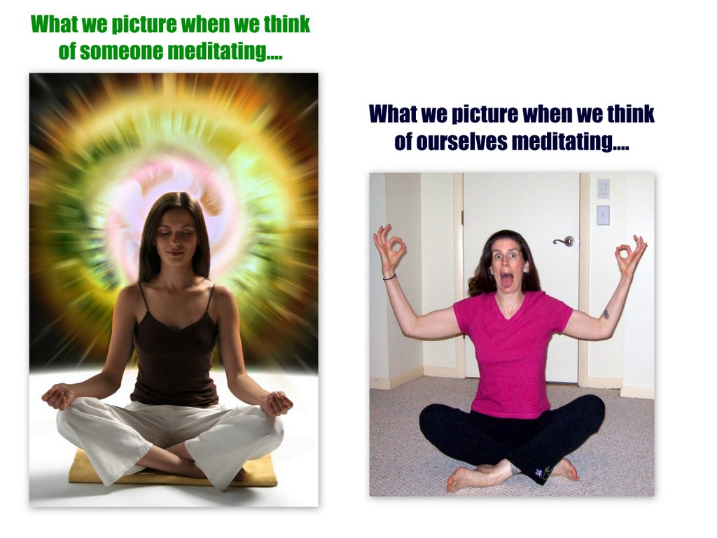 2 women meditating: one looking peaceful and the other looking frantic 