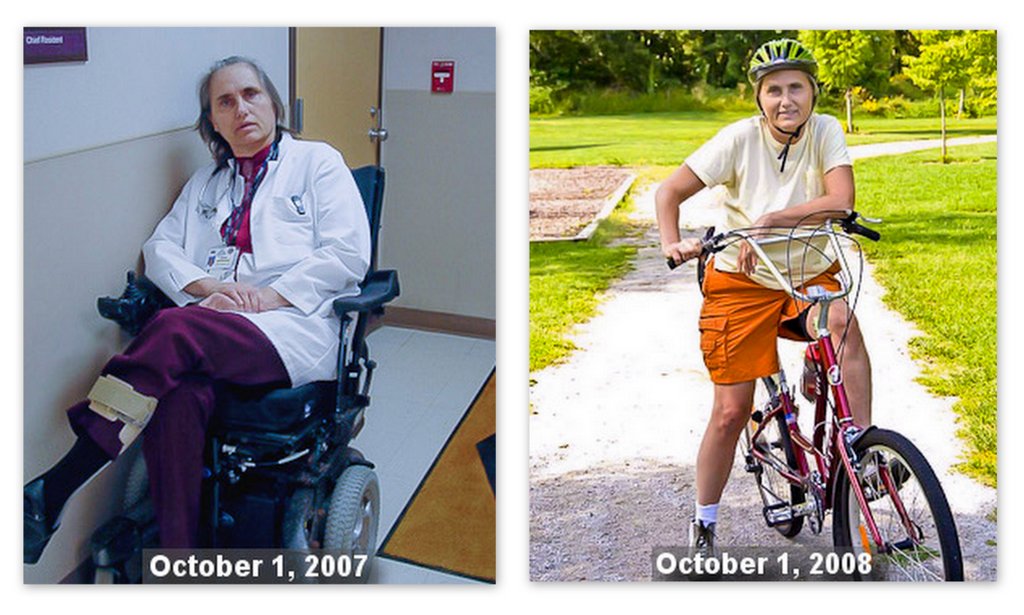 Terry in her wheelchair in 2007 and on her bike in 2008