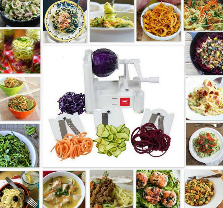 Spiralizer in the center with recipe photos surrounding it