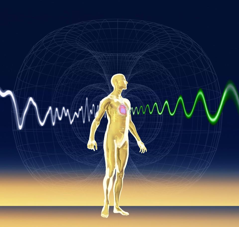 3-d model of a person with energy waves coming out of their heart and surrounding them