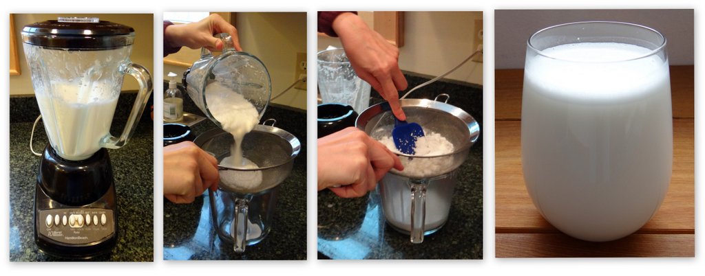 photos showing the steps of making coconut milk