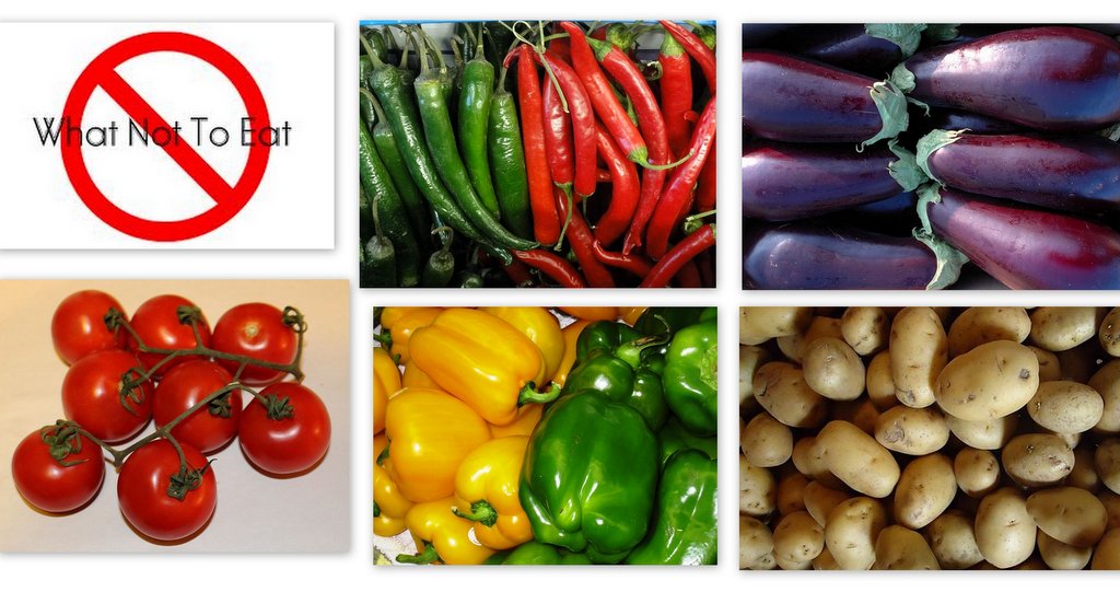 photo collage of nightshade veggies: peppers, eggplant, tomatoes, and potatoes