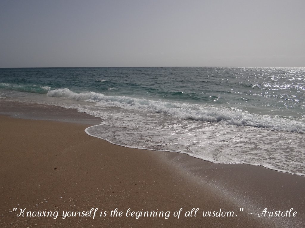 Beach background with this quote: Knowing yourself is the beginning of all wisdom.