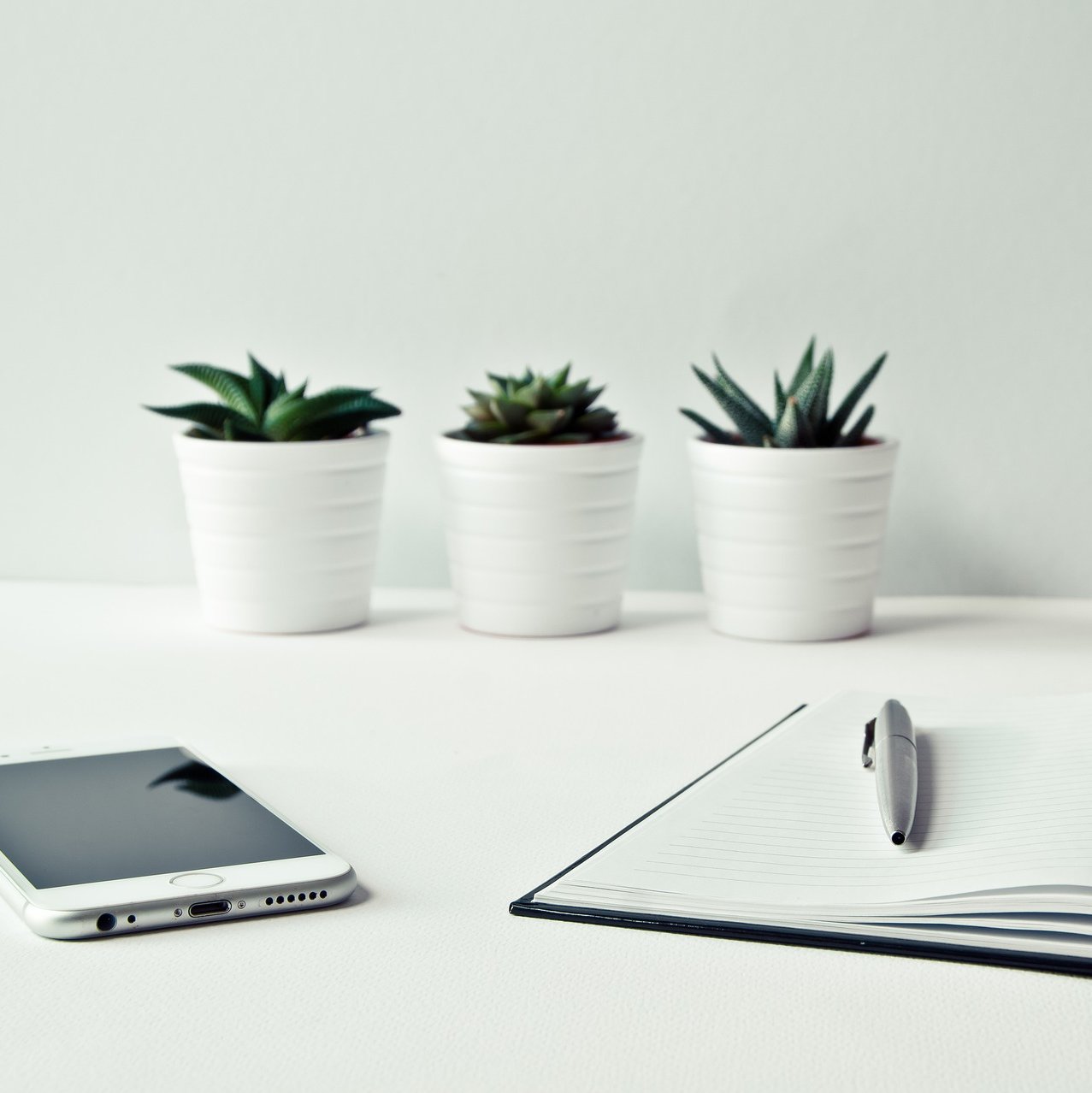 a journal, a pen, and a smartphone phone on a white table, with some small plants in the background