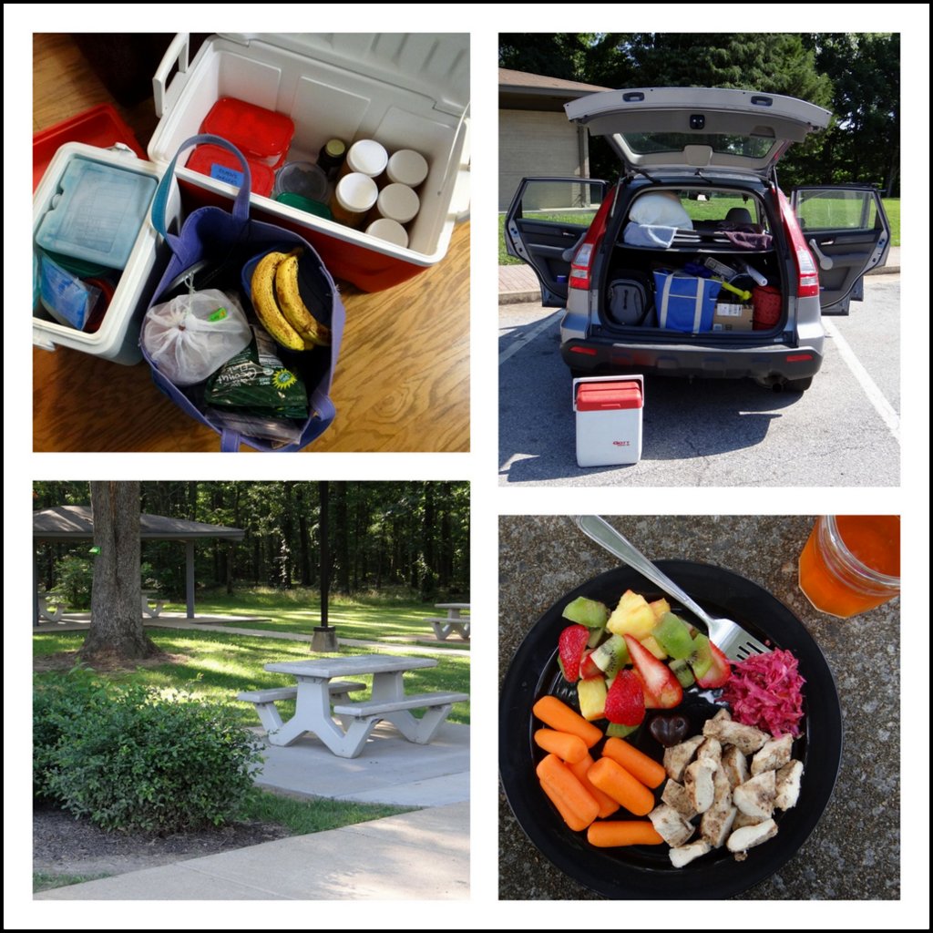 collage photo of my packed car, packed coolers, a rest area, and a plate of food