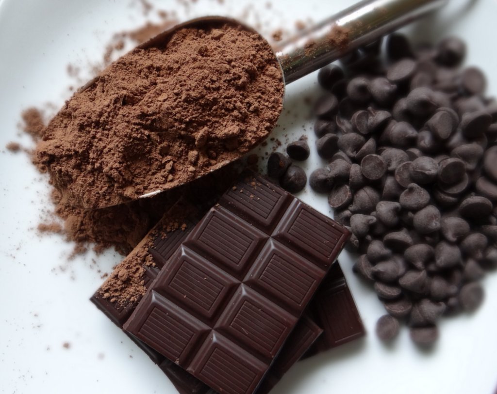 chocolate bar, chocolate chips, and cocoa powder