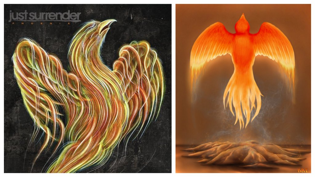 two different drawings of a phoenix rising