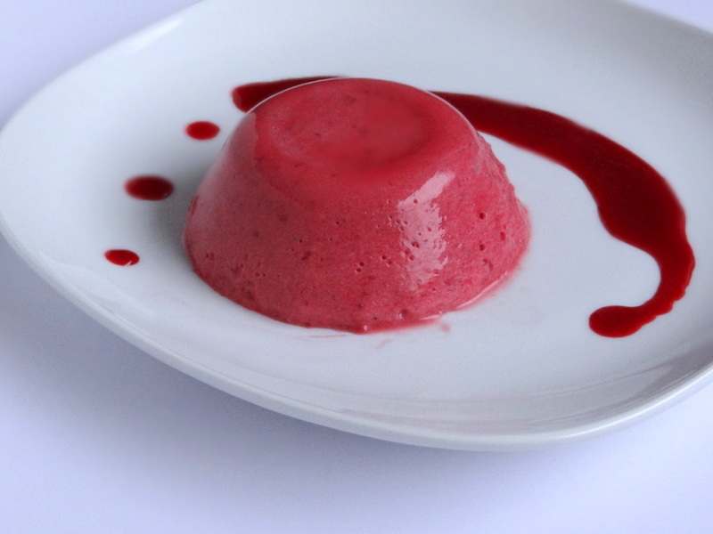 panna cotta served on a white plate with the sauce artfully drizzled around it