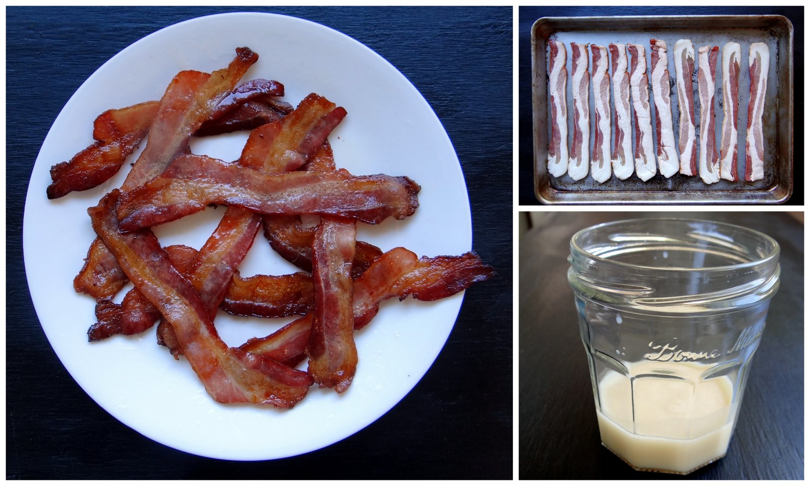 photo collage: a plate of bacon, bacon on a cookie sheet, a jar of bacon fat