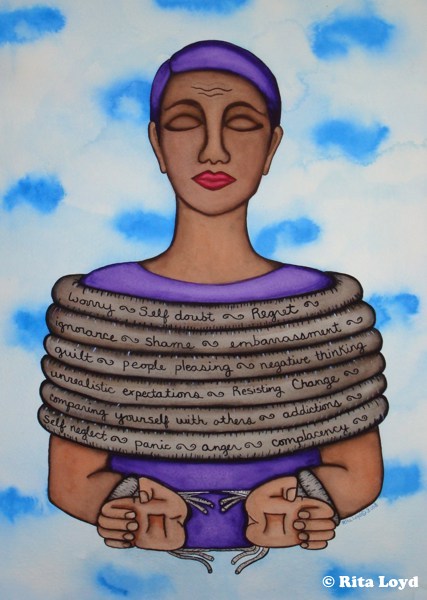 painting of a woman bound with a rope filled with restrictive beliefs 