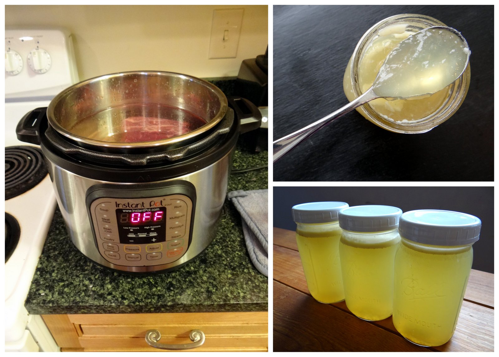 collage: broth in the instant pot, bottled in jars, and a spoon showing the gelled quality
