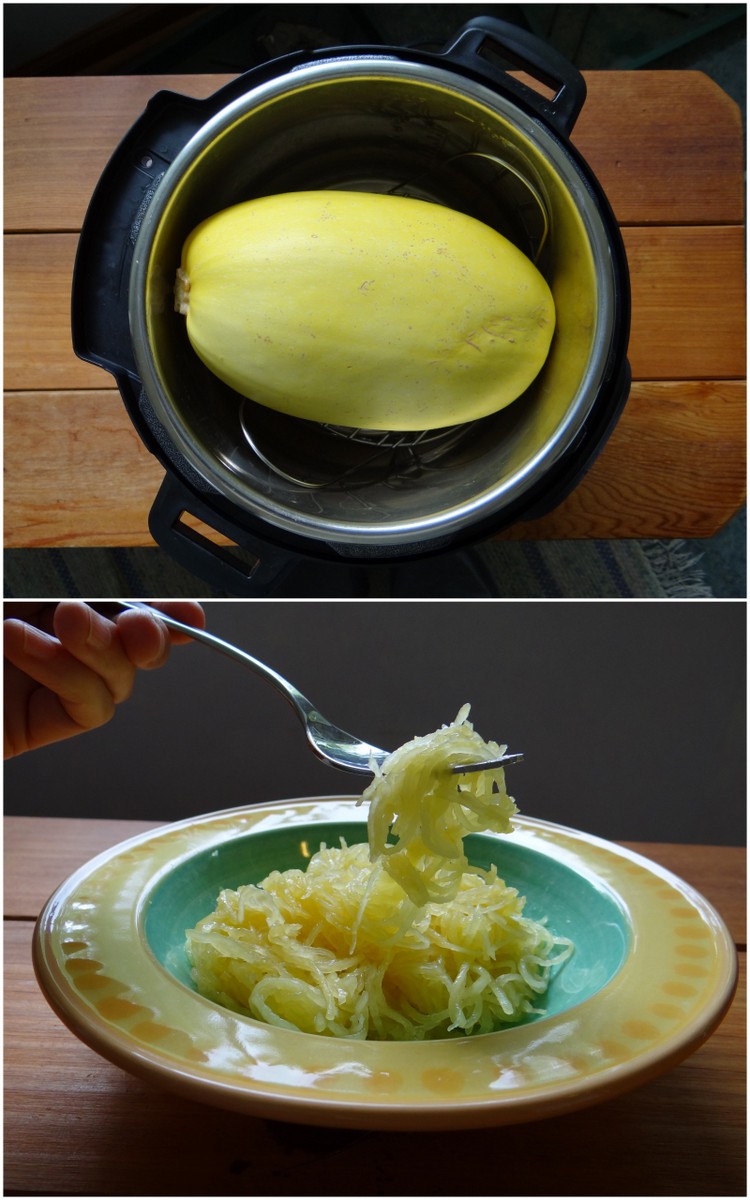 spaghetti squash whole in the instant pot, and then cooked and looking like spaghetti