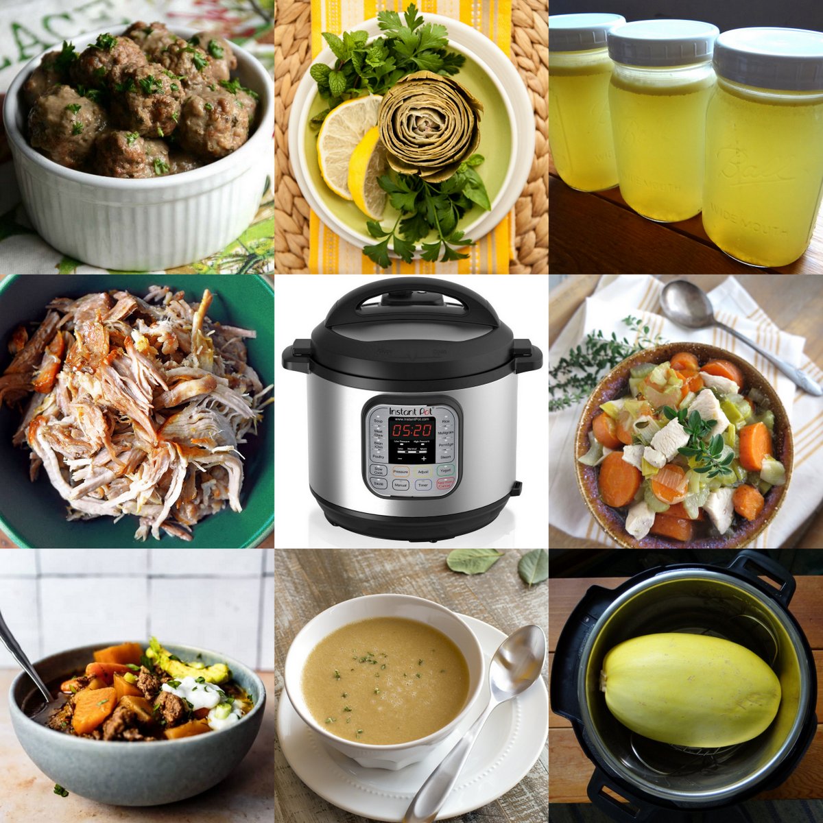instant pot in the center, surrounded by recipe photos