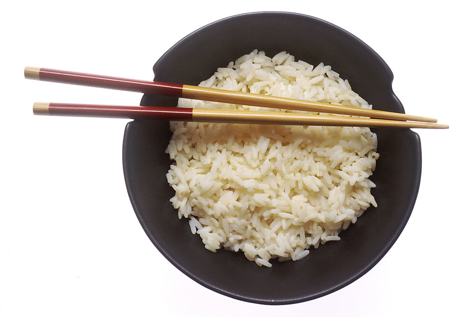 bowl of white rice with chopsticks