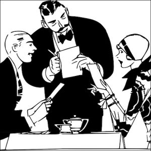 black and white drawing of a waiter serving a couple in a restaurant