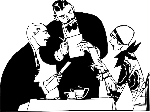 black and white drawing of a waiter serving a couple in a restaurant