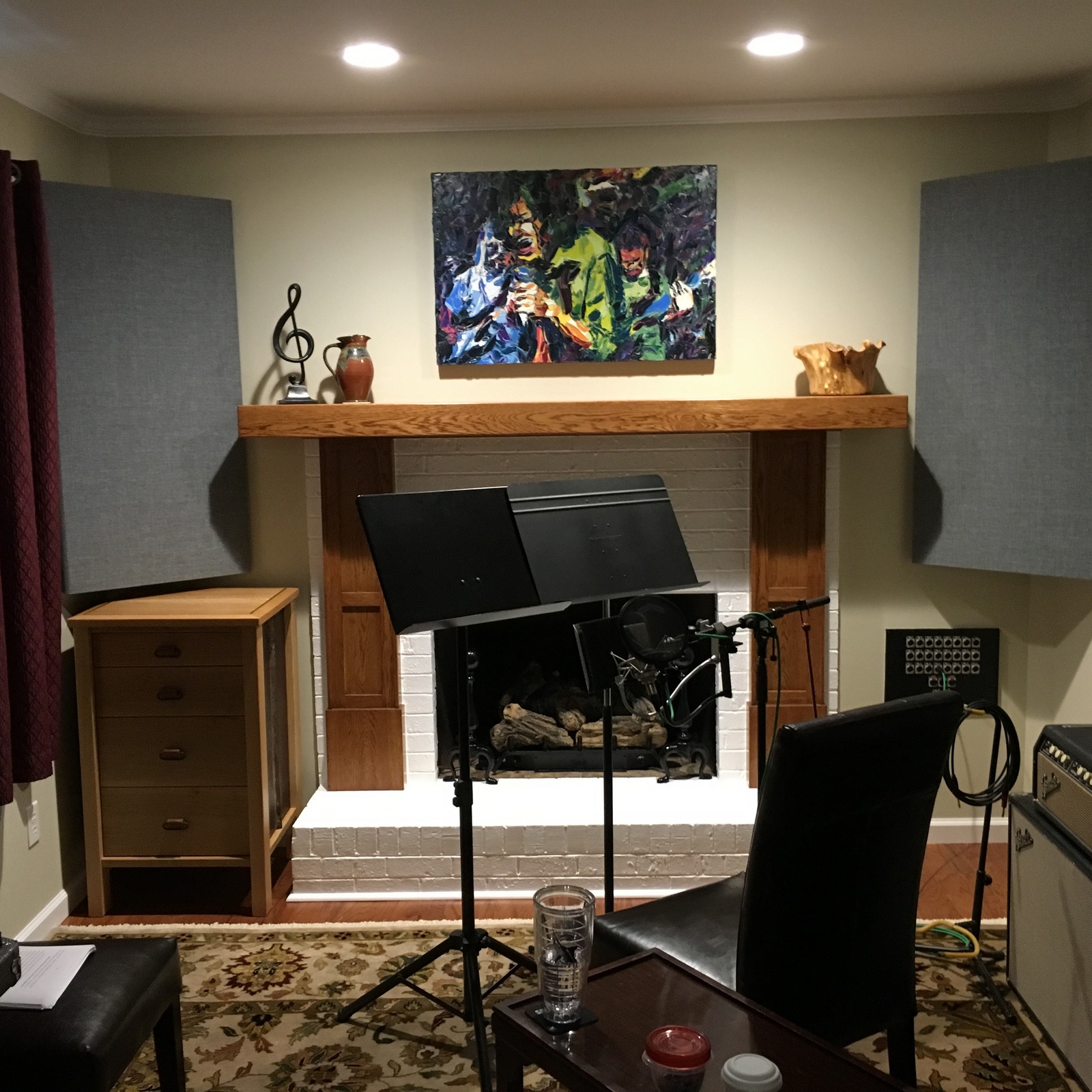 chair, microphone, music stand to hold the book as I read, water by my side