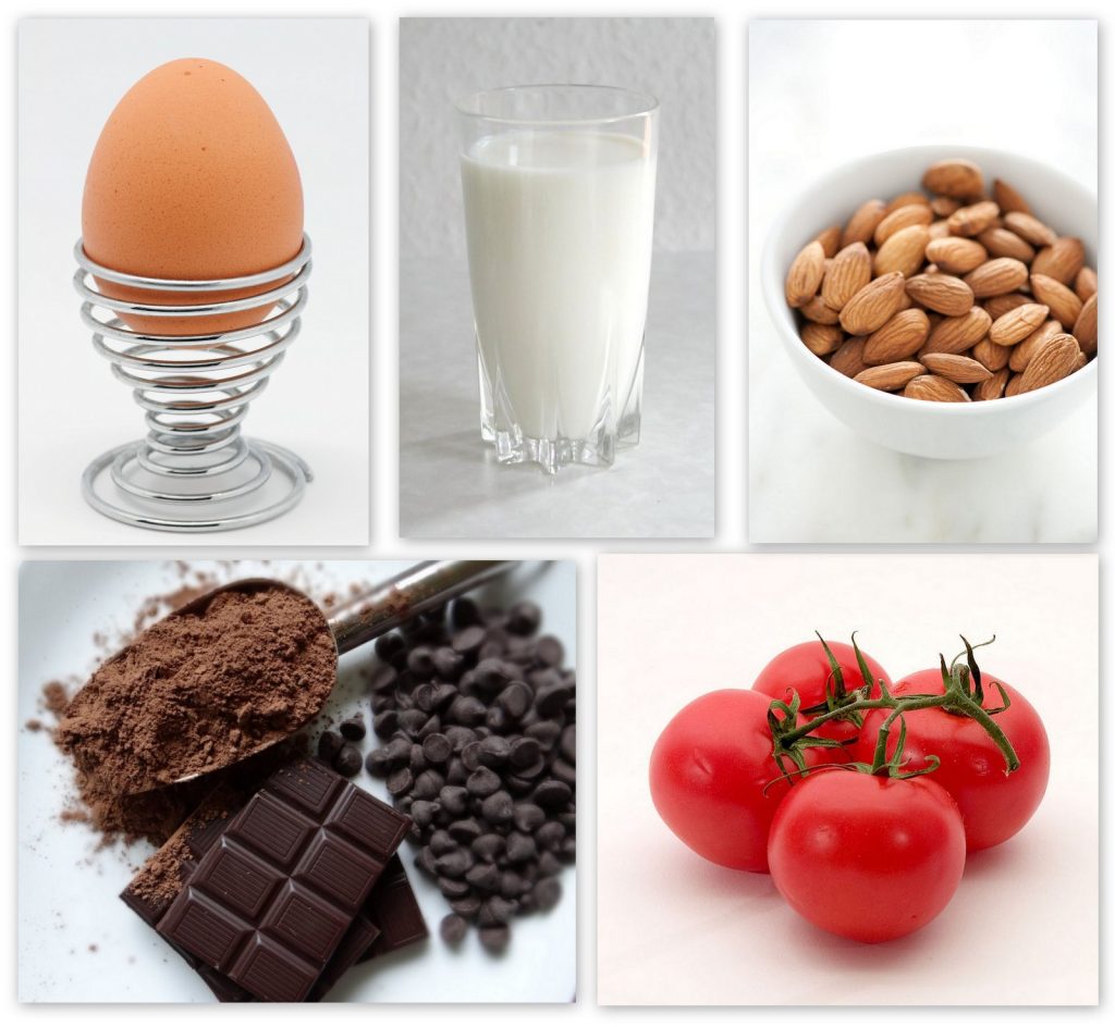 Collage of foods: eggs, milk, nuts, chocolate, tomatoes