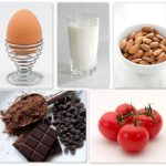 collage photo of egg, milk, nuts, chocolate, and tomatoes