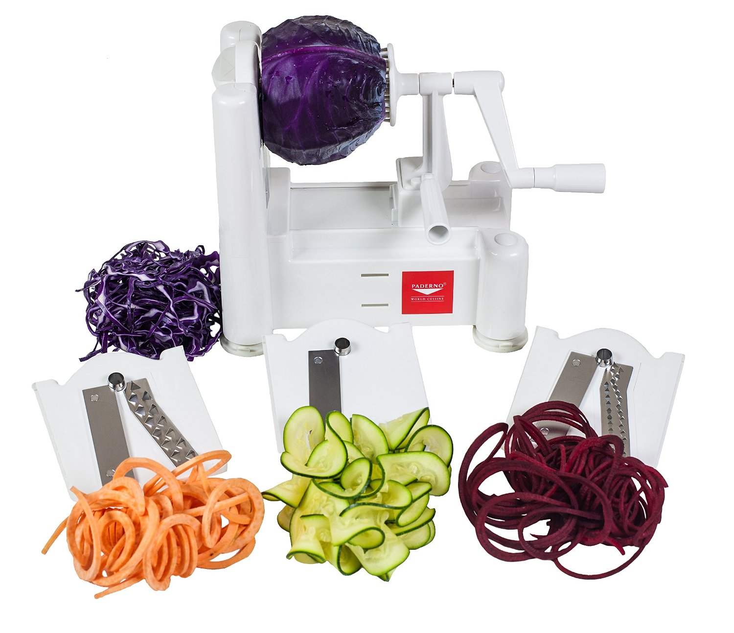 spiralizer kitchen tool surrounded by brightly colored spiralized veggies