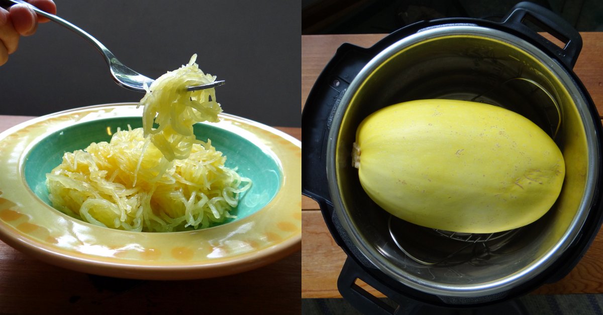 spaghetti squash in the instant pot, and a bowl of "spaghetti" cooked