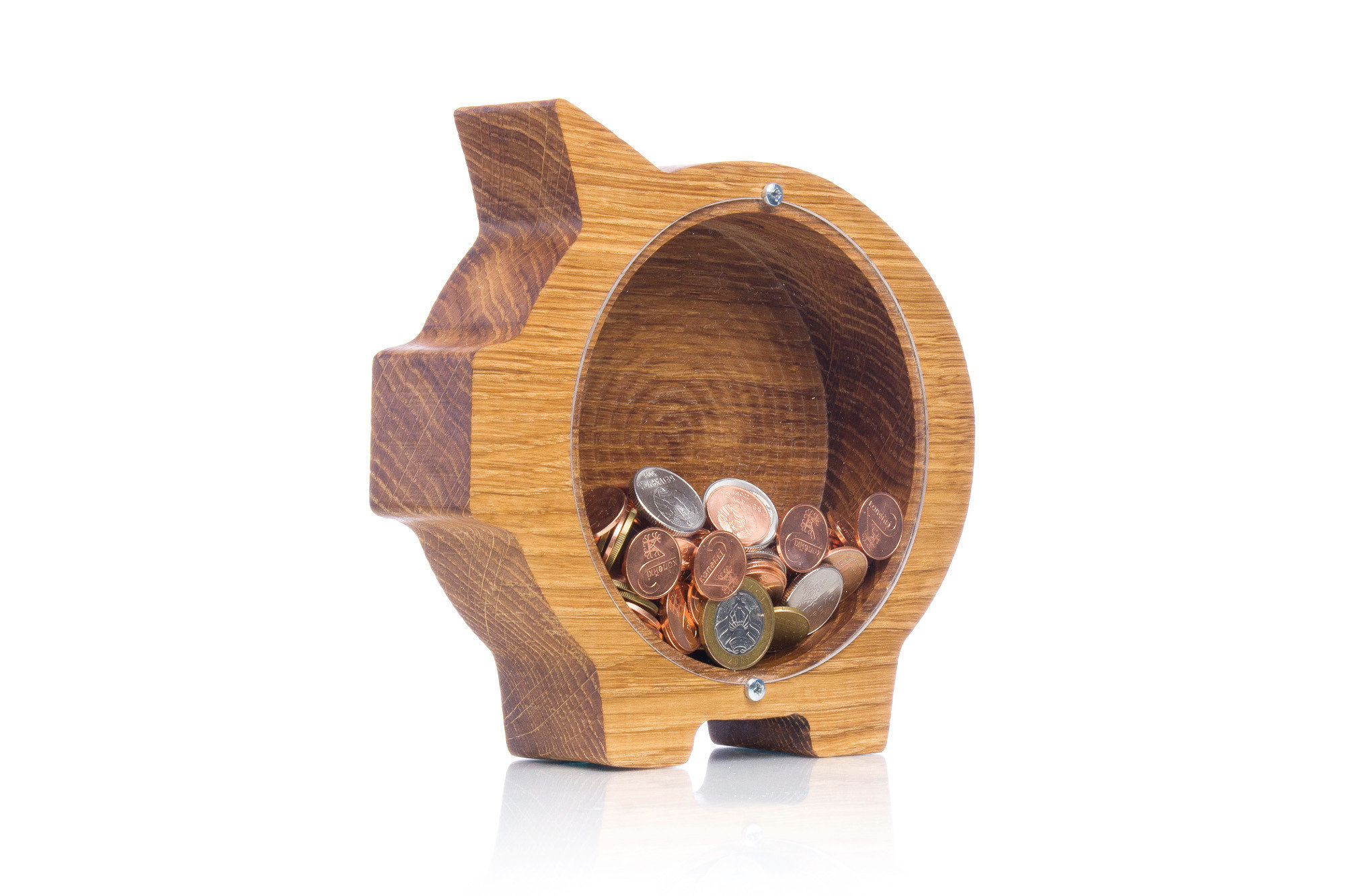 piggy bank with glass side showing coins inside