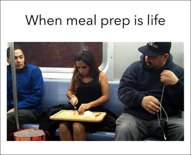 When meal prep is life (photo of woman chopping onions in a subway car)