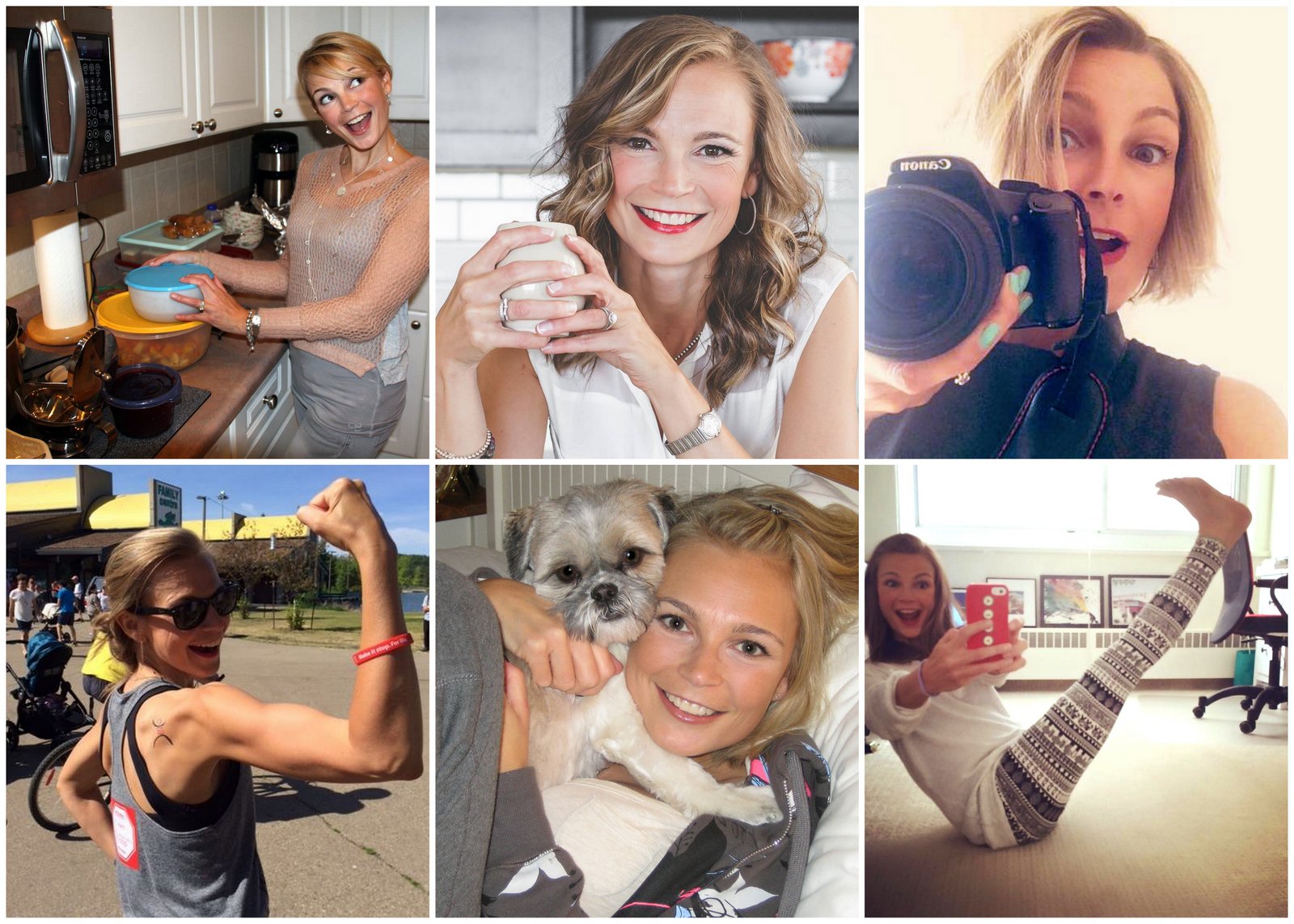 photo collage of Martine cooking, laughing, photographing, exercising, and snuggling with her dog