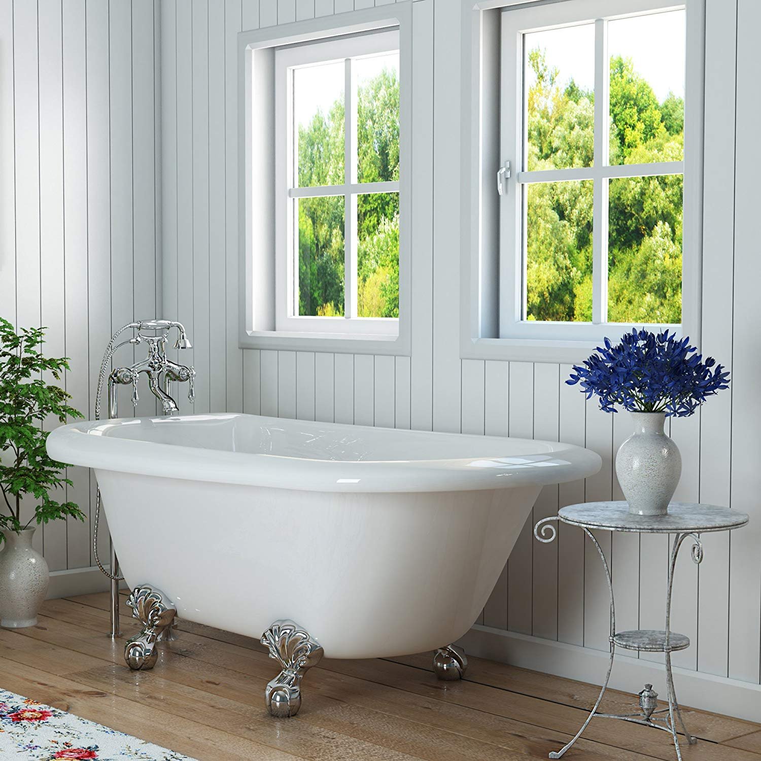 white bathroom with clawfoot tub and vase with purple flowers