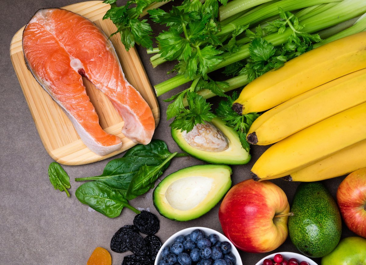 photo of salmon, avocado, fruits, and vegetables