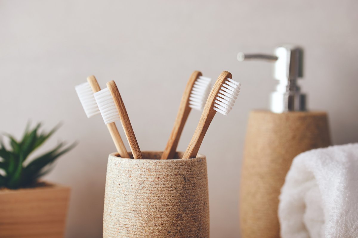 a cup holding bamboo toothbrushes with plant in the background