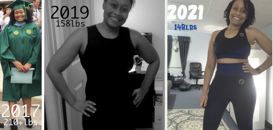 Tameka's before and after weight loss photos from 210 lbs to 148 lbs.