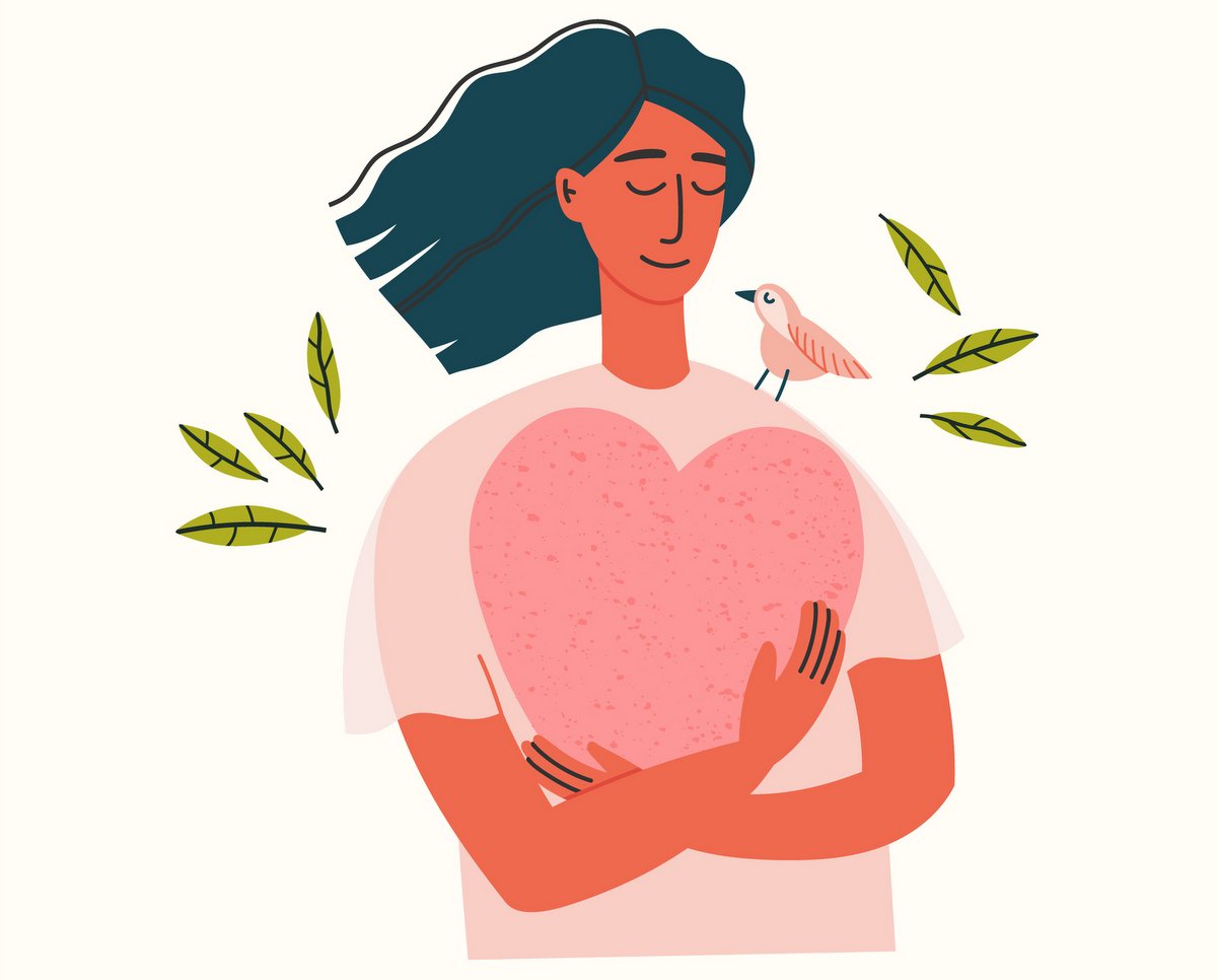 drawing of a woman cradling a heart, with a small bird on her shoulder
