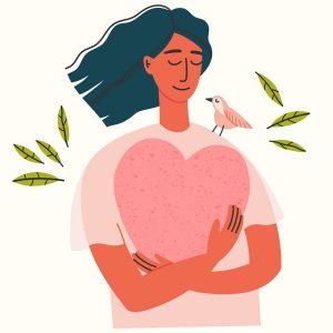 drawing of woman cradling a heart