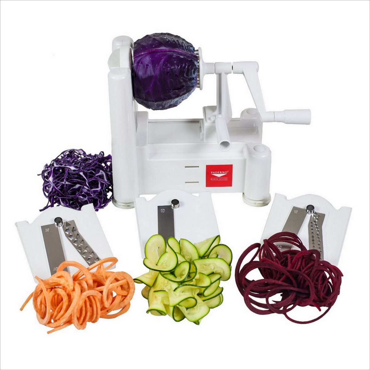 paderno spiralizer surrounded by spiralized veggies