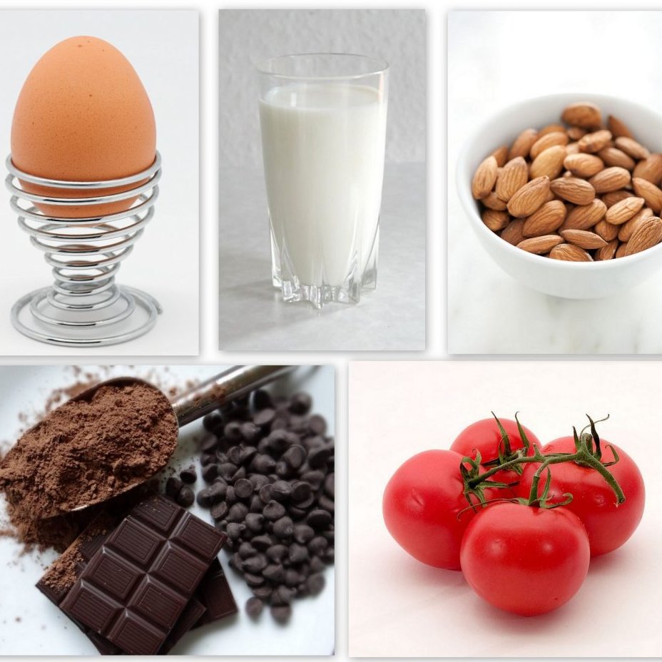 photo collage with egg, milk, nuts, chocolate, and tomatoes