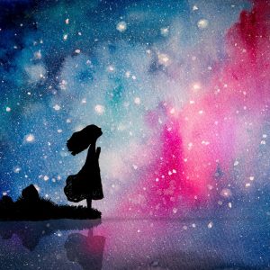 watercolor painting of a girl in silhouette looking up at a colorful night sky