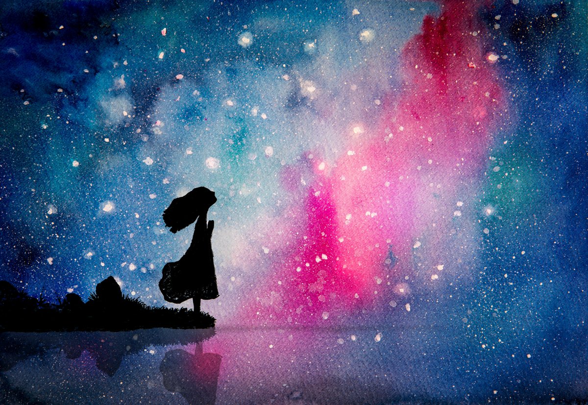 watercolor painting of a girl in silhouette looking up at a colorful night sky