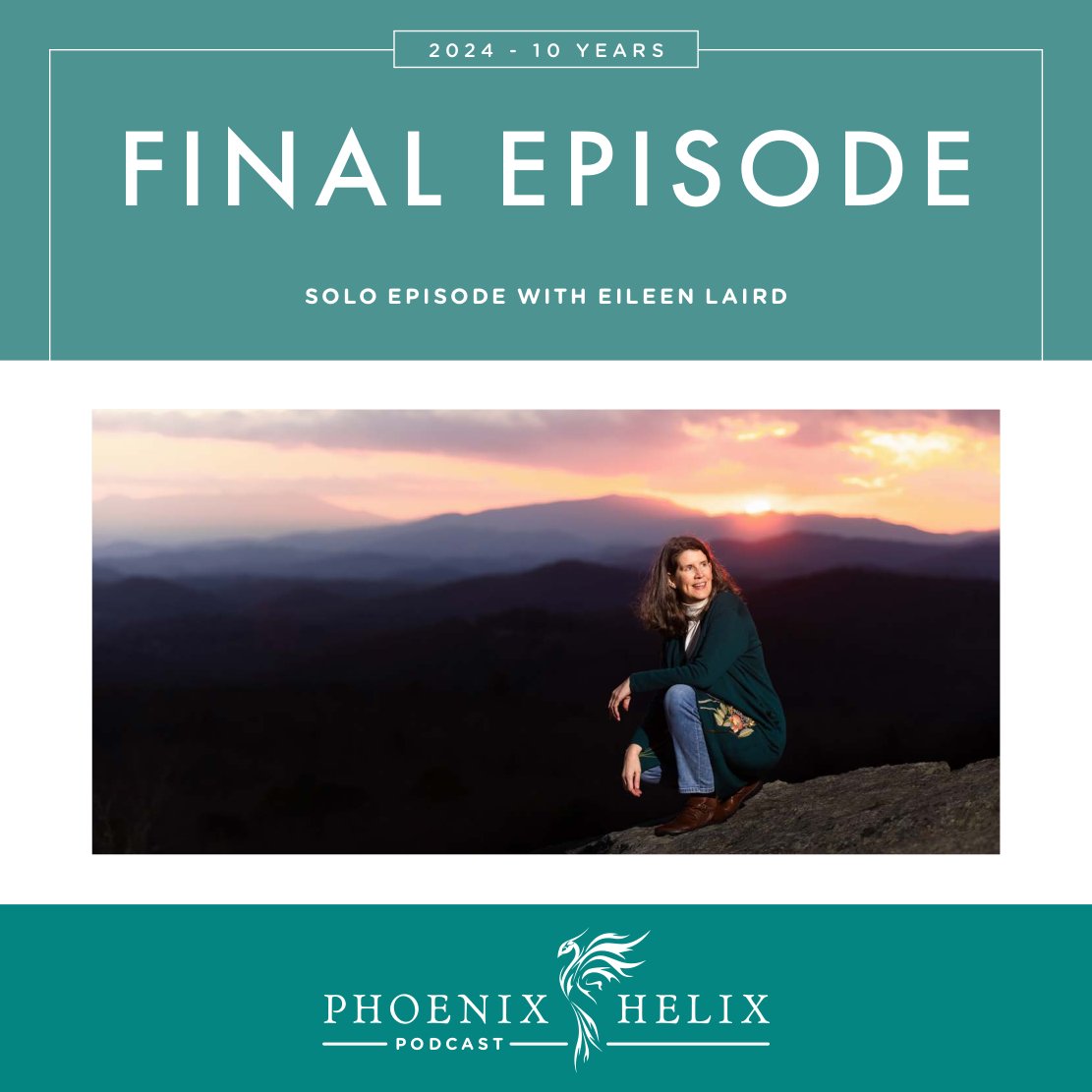 podcast graphic with photo of eileen on a mountaintop, sunset behind her