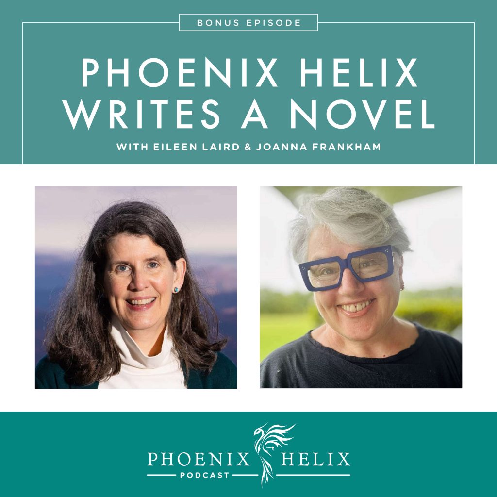 Phoenix Helix Writes a Novel podcast graphic with photo of host and guest